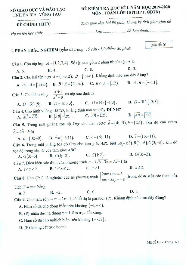 Đề thi HK1 Toán 10 năm học 2019 – 2020 sở GD&ĐT Bà Rịa – Vũng Tàu