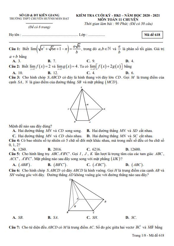 Đề thi HK1 Toán 11 chuyên năm 2020 – 2021 trường chuyên Huỳnh Mẫn Đạt – Kiên Giang