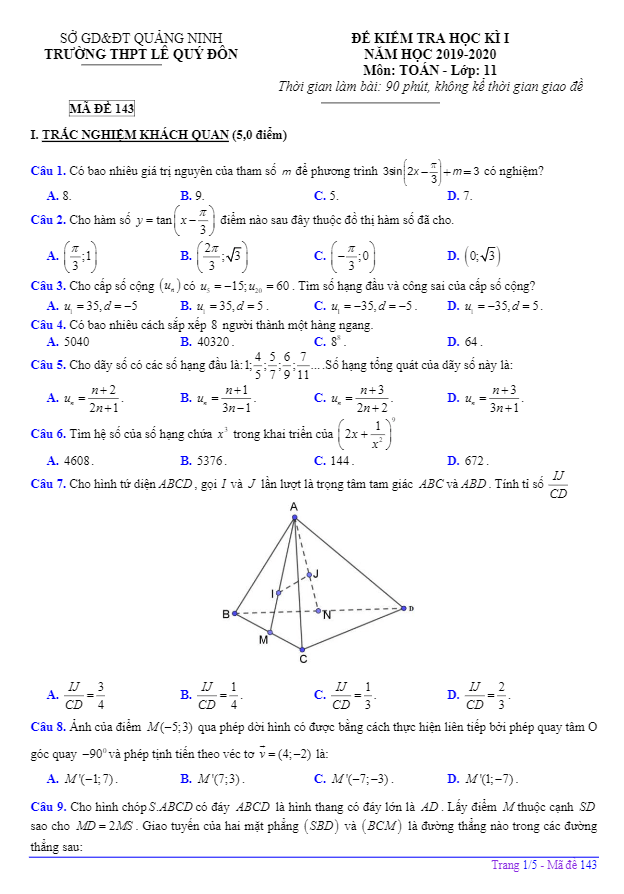 Đề thi HK1 Toán 11 năm 2019 – 2020 trường THPT Lê Quý Đôn – Quảng Ninh