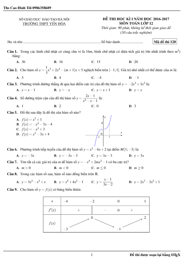 Đề thi HK1 Toán 12 năm học 2016 – 2017 trường THPT Yên Hòa – Hà Nội