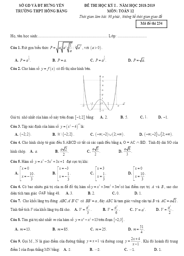 Đề thi HK1 Toán 12 năm học 2018 – 2019 trường THPT Hồng Bàng – Hưng Yên