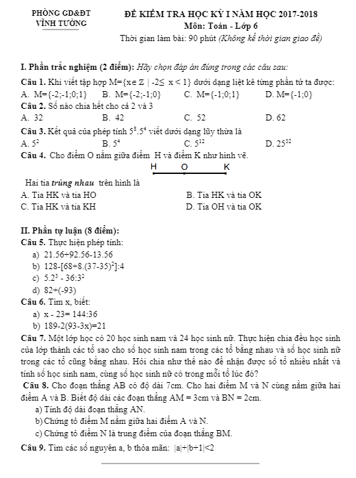 Đề thi HK1 Toán 6 năm học 2017 – 2018 phòng GD và ĐT Vĩnh Tường – Vĩnh Phúc