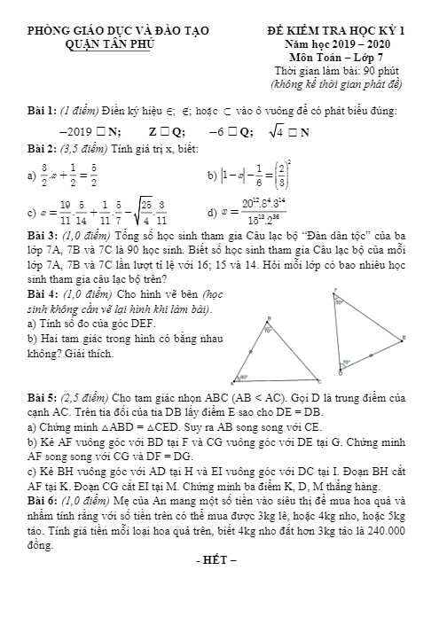 Đề thi HK1 Toán 7 năm học 2019 – 2020 phòng GD&ĐT Tân Phú – TP HCM