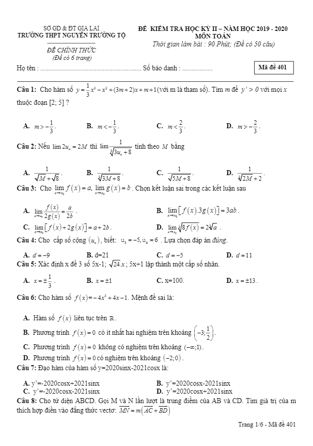 Đề thi HK2 Toán 11 năm 2019 – 2020 trường THPT Nguyễn Trường Tộ – Gia Lai