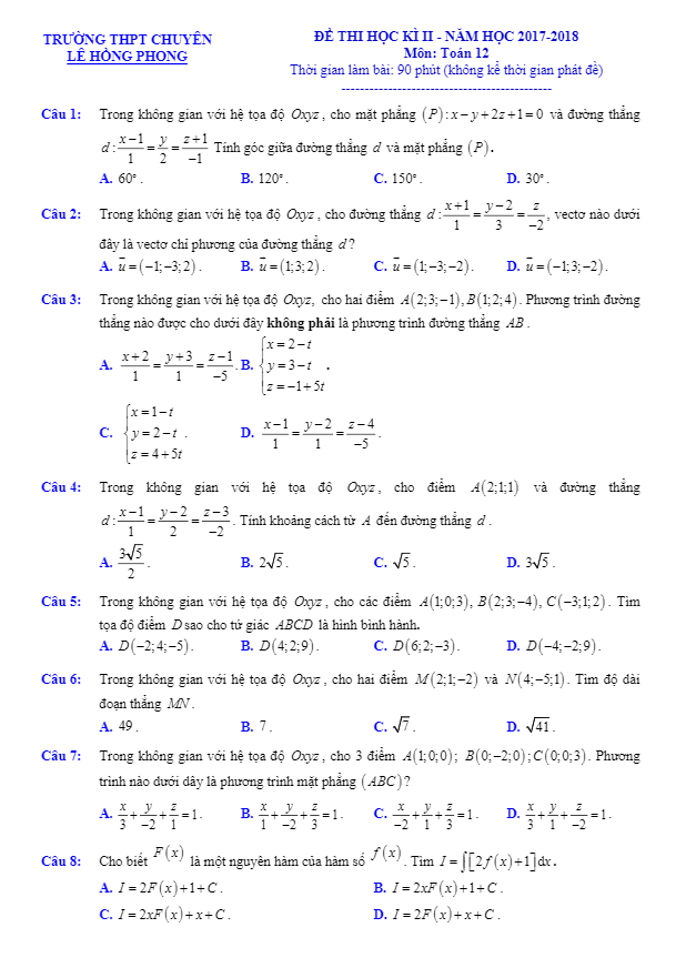 Đề thi HK2 Toán 12 năm 2017 – 2018 trường chuyên Lê Hồng Phong – TP. HCM