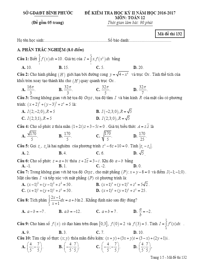 Đề thi HK2 Toán 12 năm học 2016 – 2017 sở GD và ĐT Bình Phước