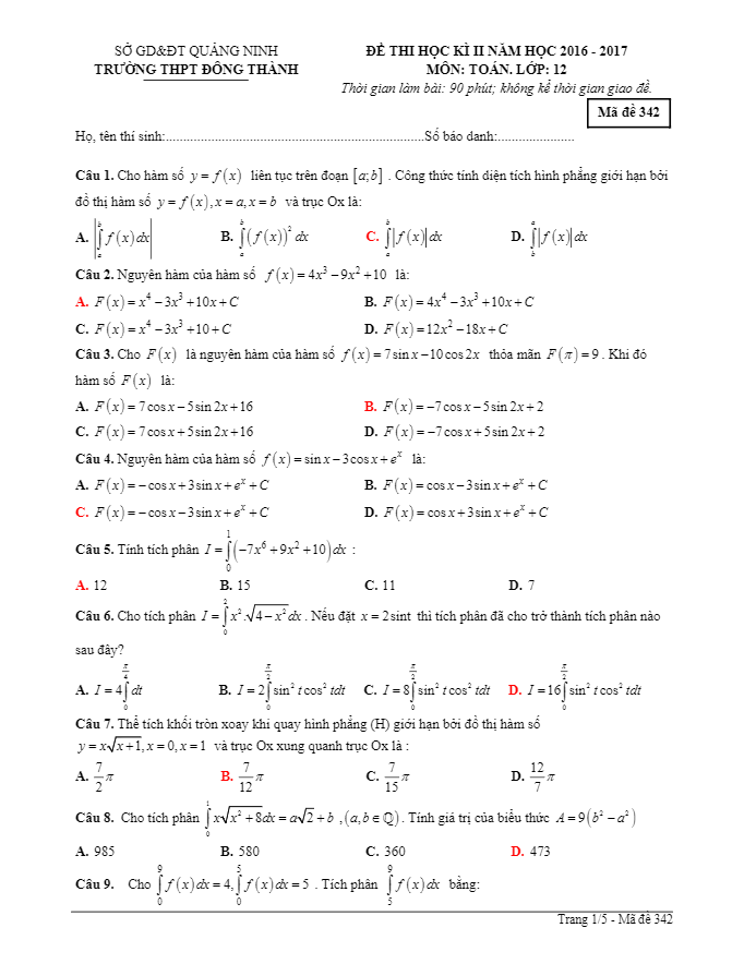 Đề thi HK2 Toán 12 năm học 2016 – 2017 trường THPT Đông Thành – Quảng Ninh