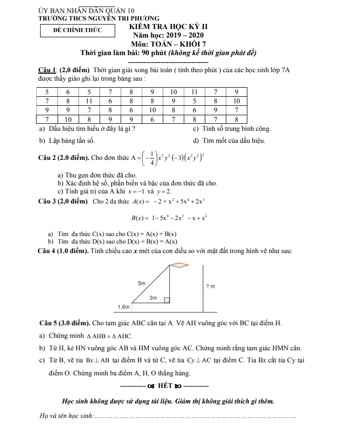 Đề thi HK2 Toán 7 năm 2019 – 2020 trường THCS Nguyễn Tri Phương – TP HCM