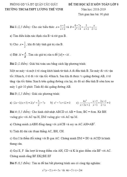 Đề thi HK2 Toán 8 năm 2018 – 2019 trường Lương Thế Vinh – Hà Nội