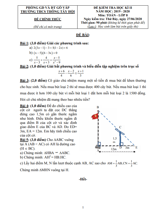 Đề thi HK2 Toán 8 năm 2019 – 2020 trường THCS Thông Tây Hội – TP HCM