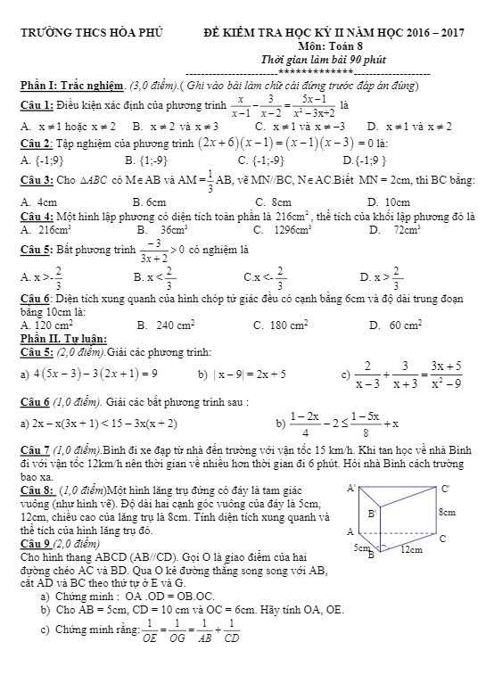 Đề thi HK2 Toán 8 năm học 2016 – 2017 trường THCS Hòa Phú – TP. HCM