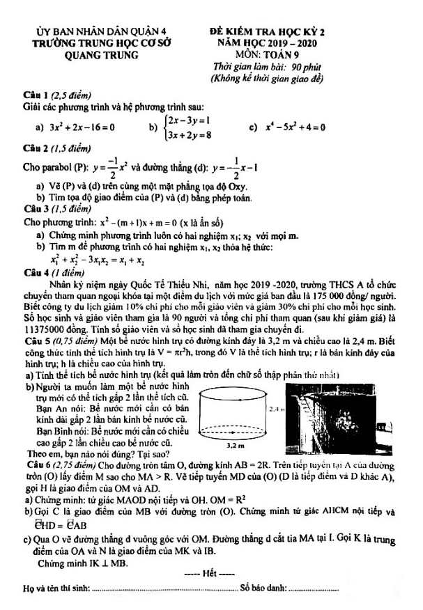 Đề thi HK2 Toán 9 năm học 2019 – 2020 trường THCS Quang Trung – TP HCM