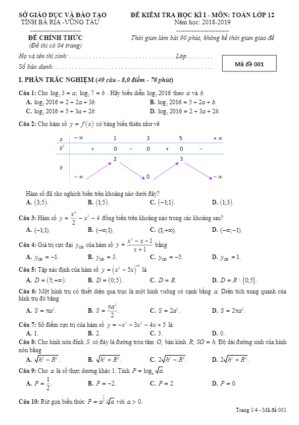 Đề thi HKI Toán 12 năm học 2018 – 2019 sở GD và ĐT Bà Rịa – Vũng Tàu