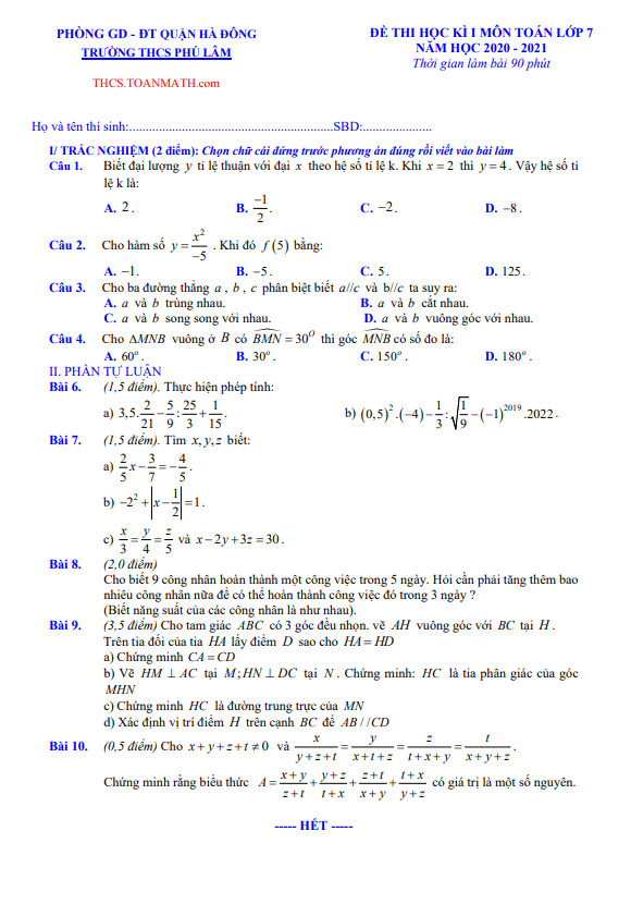 Đề thi học kì 1 Toán 7 năm 2020 – 2021 trường THCS Phú Lâm – Hà Nội