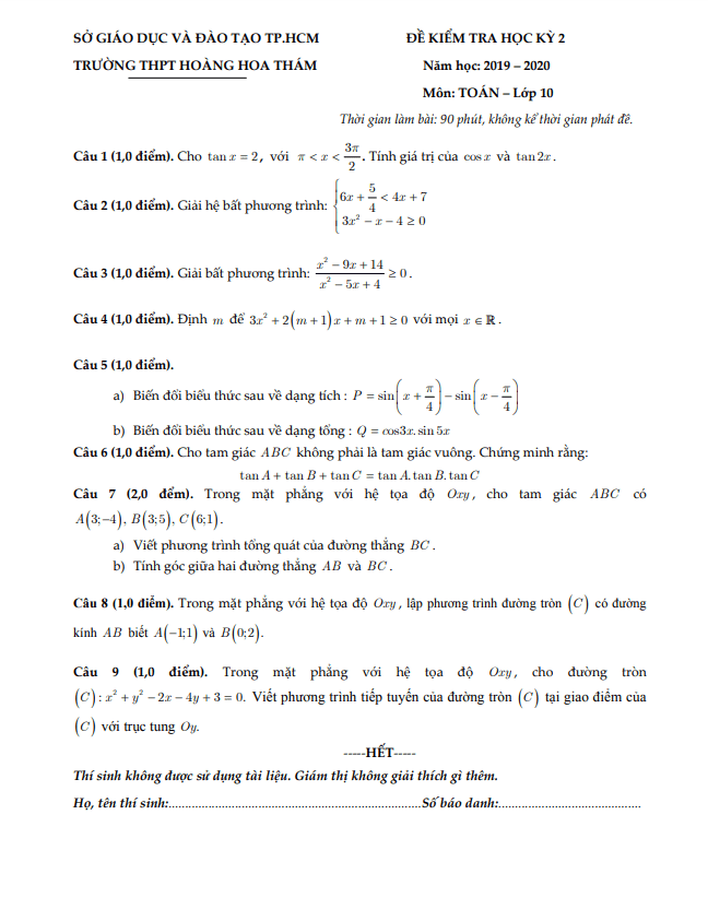 Đề thi học kì 2 Toán 10 năm 2019 – 2020 trường THPT Hoàng Hoa Thám – TP HCM