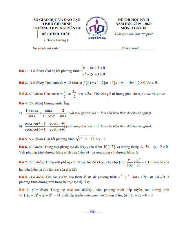 Đề thi học kì 2 Toán 10 năm 2019 – 2020 trường THPT Nguyễn Du – TP HCM