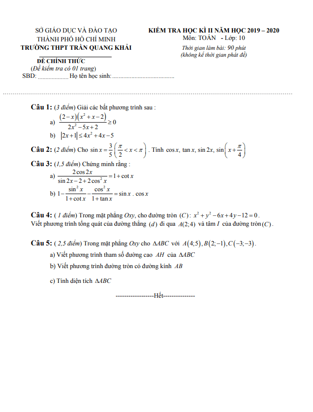 Đề thi học kì 2 Toán 10 năm 2019 – 2020 trường THPT Trần Quang Khải – TP HCM
