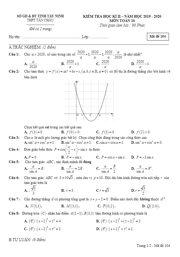 Đề thi học kì 2 Toán 10 năm học 2019 – 2020 trường THPT Tân Châu – Tây Ninh