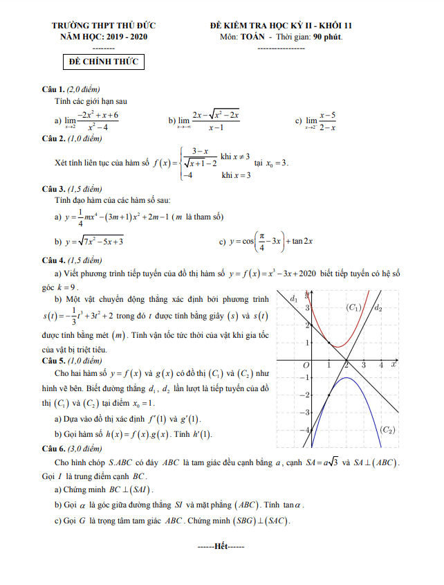 Đề thi học kì 2 Toán 11 năm 2019 – 2020 trường THPT Thủ Đức – TP HCM