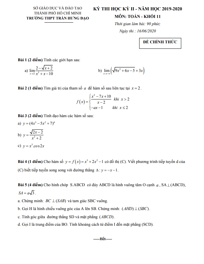 Đề thi học kì 2 Toán 11 năm 2019 – 2020 trường THPT Trần Hưng Đạo – TP HCM