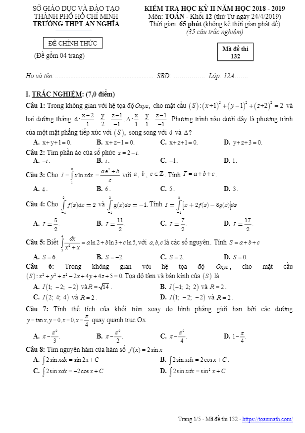 Đề thi học kì 2 Toán 12 năm 2018 – 2019 trường THPT An Nghĩa – TP HCM