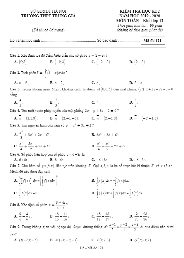 Đề thi học kì 2 Toán 12 năm 2019 – 2020 trường THPT Trung Giã – Hà Nội