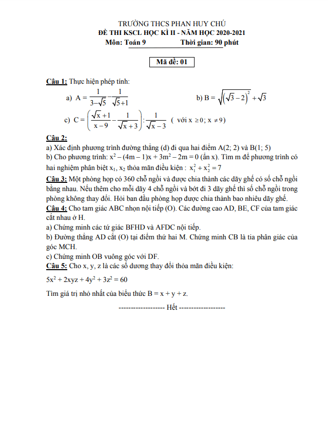 Đề thi học kì 2 Toán 9 năm 2020 – 2021 trường THCS Phan Huy Chú – Hà Tĩnh