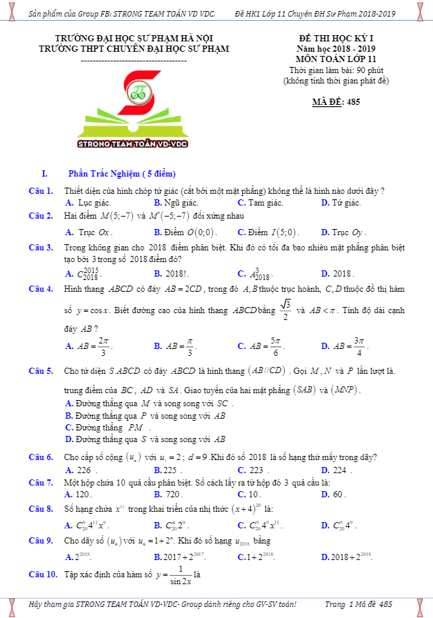 Đề thi học kỳ 1 Toán 11 năm 2018 – 2019 trường THPT chuyên ĐHSP – Hà Nội