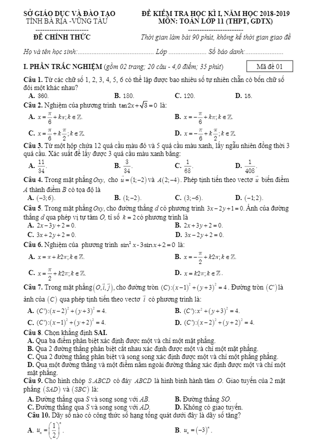 Đề thi học kỳ 1 Toán 11 năm học 2018 – 2019 sở GD và ĐT Bà Rịa – Vũng Tàu
