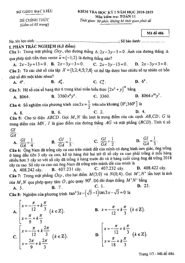Đề thi học kỳ 1 Toán 11 năm học 2018 – 2019 sở GD&ĐT Bạc Liêu
