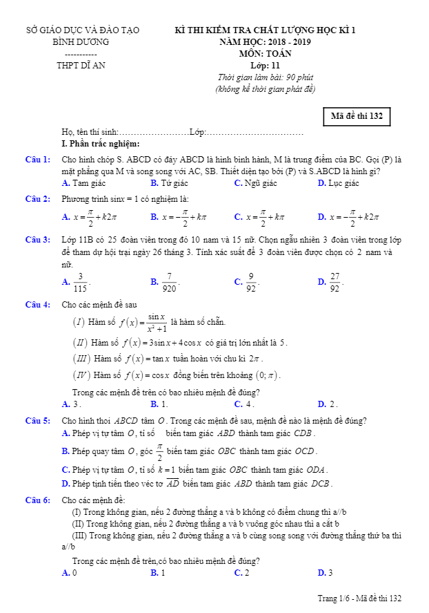 Đề thi học kỳ 1 Toán 11 năm học 2018 – 2019 trường THPT Dĩ An – Bình Dương