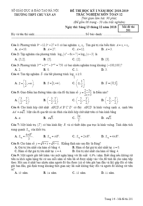 Đề thi học kỳ 1 Toán 12 năm 2018 – 2019 trường THPT Chu Văn An – Hà Nội