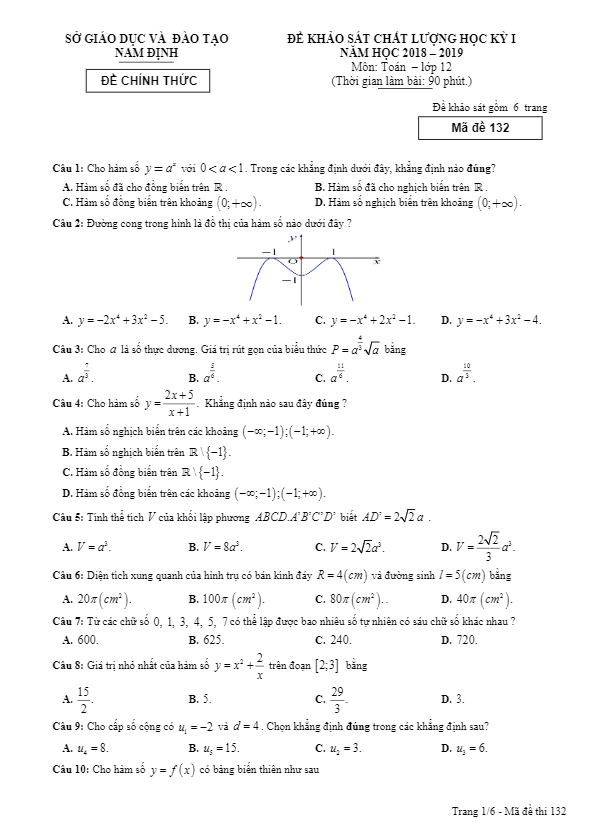 Đề thi học kỳ 1 Toán 12 năm học 2018 – 2019 sở GD và ĐT Nam Định