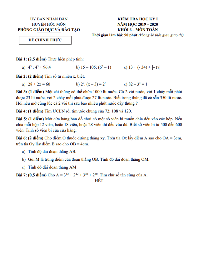 Đề thi học kỳ 1 Toán 6 năm 2019 – 2020 phòng GD&ĐT Hóc Môn – TP HCM
