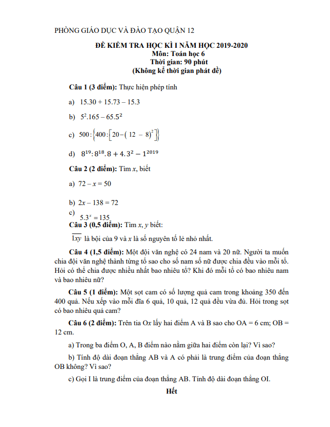 Đề thi học kỳ 1 Toán 6 năm 2019 – 2020 phòng GD&ĐT Quận 12 – TP HCM