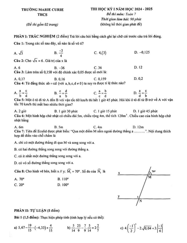 Đề thi học kỳ 1 Toán 7 năm 2024 – 2025 trường Marie Curie – Hà Nội