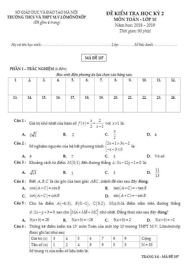 Đề thi học kỳ 2 Toán 10 năm 2018 – 2019 trường M.V Lômônôxốp – Hà Nội