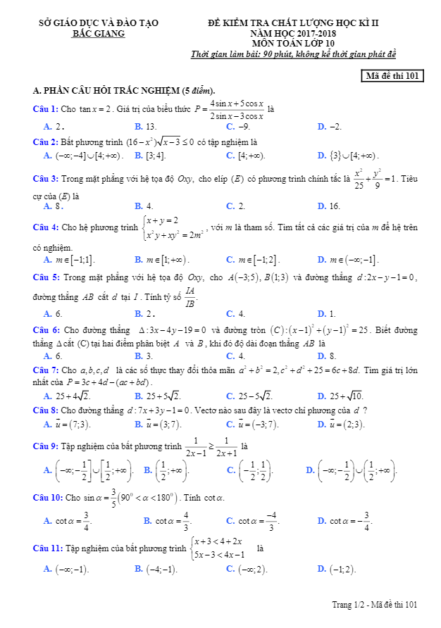 Đề thi học kỳ 2 Toán 10 năm học 2017 – 2018 sở GD và ĐT Bắc Giang