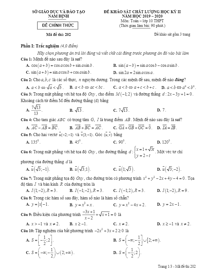 Đề thi học kỳ 2 Toán 10 năm học 2019 – 2020 sở GD&ĐT Nam Định