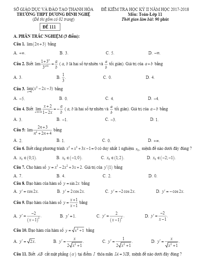 Đề thi học kỳ 2 Toán 11 năm 2017 – 2018 trường THPT Dương Đình Nghệ – Thanh Hóa