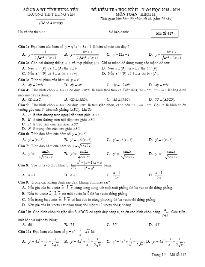 Đề thi học kỳ 2 Toán 11 năm 2018 – 2019 trường THPT Hưng Yên – Hưng Yên
