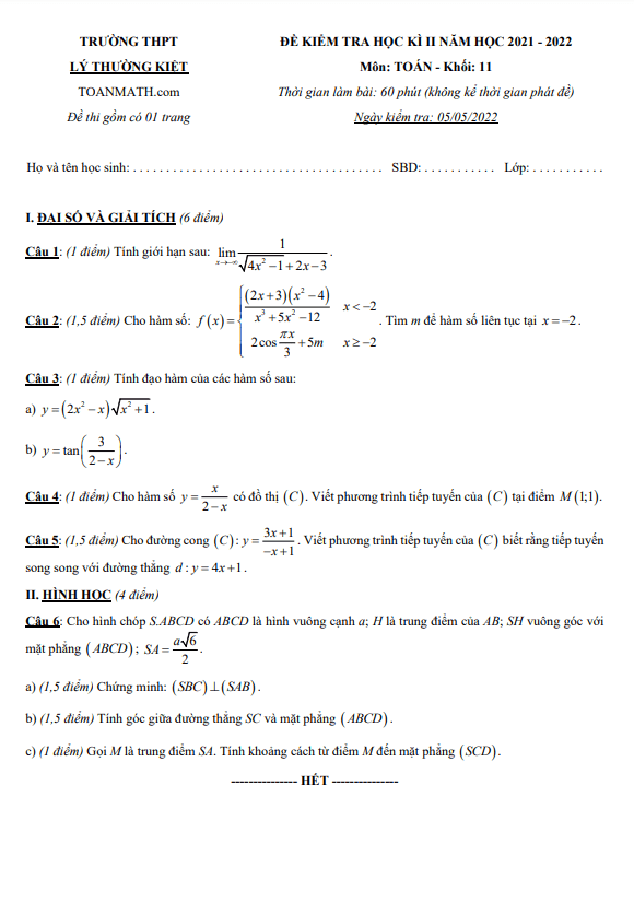 Đề thi học kỳ 2 Toán 11 năm 2021 – 2022 trường THPT Lý Thường Kiệt – TP HCM