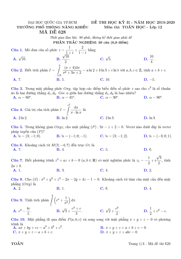 Đề thi học kỳ 2 Toán 12 năm 2019 – 2020 trường Phổ thông Năng khiếu – TP HCM