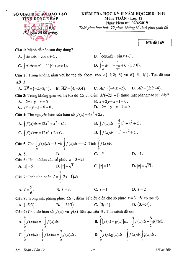 Đề thi học kỳ 2 Toán 12 năm học 2018 – 2019 sở GD&ĐT Đồng Tháp