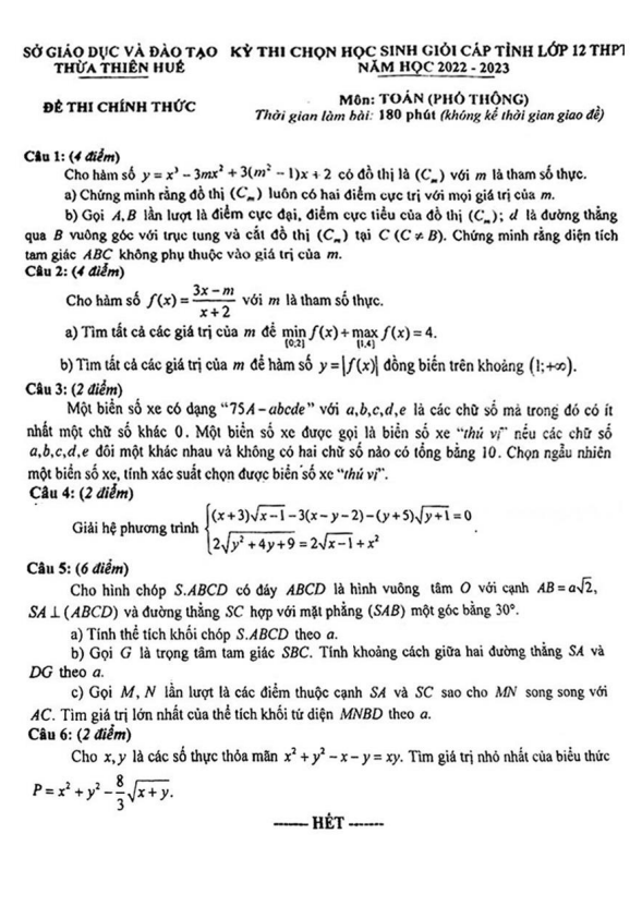 Đề thi học sinh giỏi tỉnh Toán 12 năm 2022 – 2023 sở GD&ĐT Thừa Thiên Huế