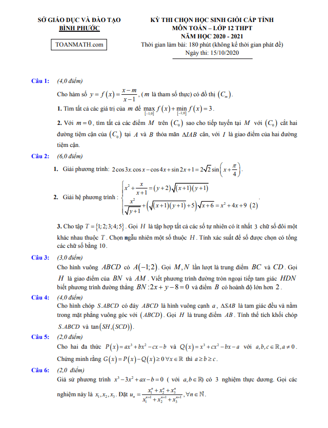 Đề thi học sinh giỏi Toán 12 cấp tỉnh năm 2020 – 2021 sở GD&ĐT Bình Phước