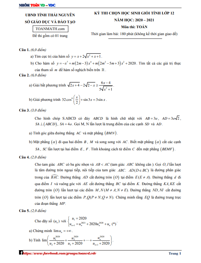 Đề thi học sinh giỏi Toán 12 cấp tỉnh năm 2020 – 2021 sở GD&ĐT Thái Nguyên
