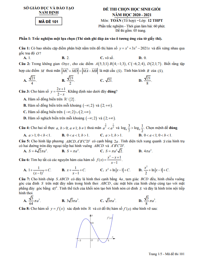Đề thi học sinh giỏi Toán 12 năm 2020 – 2021 sở GD&ĐT Nam Định