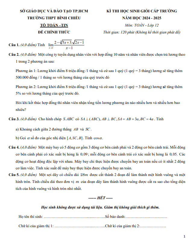 Đề thi học sinh giỏi Toán 12 năm 2024 – 2025 trường THPT Bình Chiểu – TP HCM