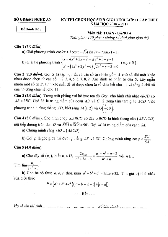 Đề thi HSG tỉnh Toán 11 THPT năm 2018 – 2019 sở GD&ĐT Nghệ An (Bảng A)